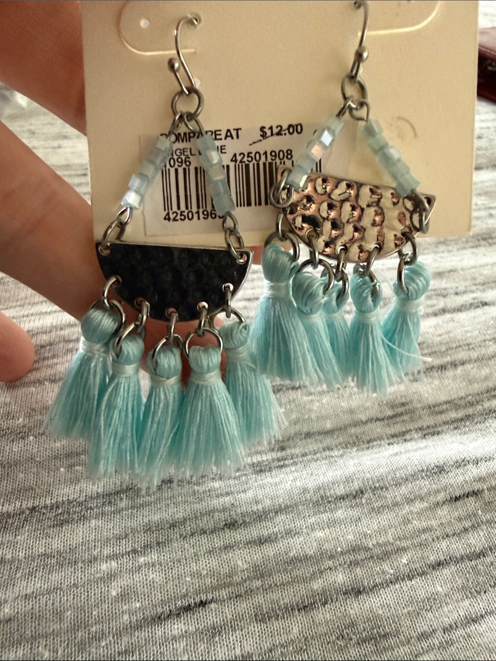 Handmade Light Blue Tassel Drop Earrings with Beaded Detail